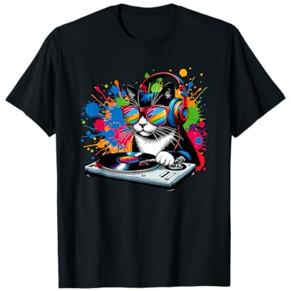 Katze als DJ & DJing, Plattenspieler, EDM, bunte Pop Art & DeeJay T-Shirt