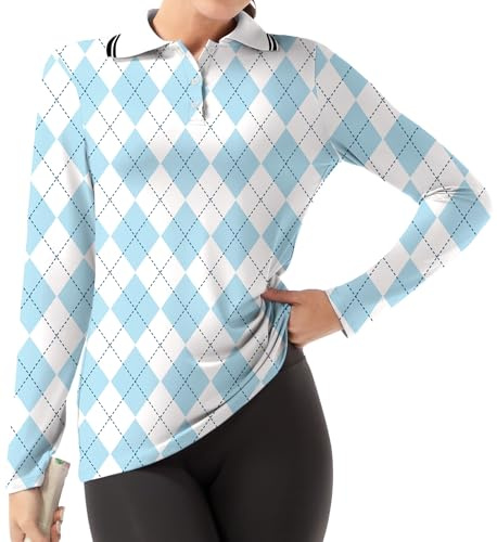 GGOV Women's Golf Polo Shirts Long Sleeve Workout Tops UPF 50+ Sun Protection Quick Dry Lightweight Active Tennis Shirts, Xblue Argyle, L