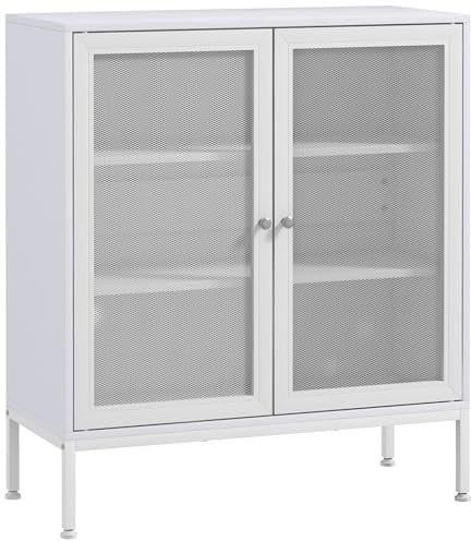 HOMCOM Aparador de Cocina de 3 Niveles Mueble Aparador con Puertas de Malla y Estante Ajustable Mueble de Cocina Moderno Bueffet para Salón Comedor 80x37x92 cm Blanco