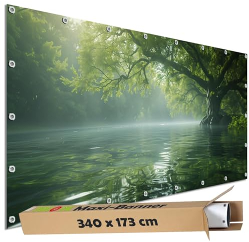 TRIOSK Große Motivplane Sichtschutz Zaunblende mit Motiv Flussbaum Nebel Fluss Wasser Baum Motivbanner Garten Deko Plane Blickdicht für Zaun Terrasse Gartenzaun Zaunplane PVC 340x173 cm