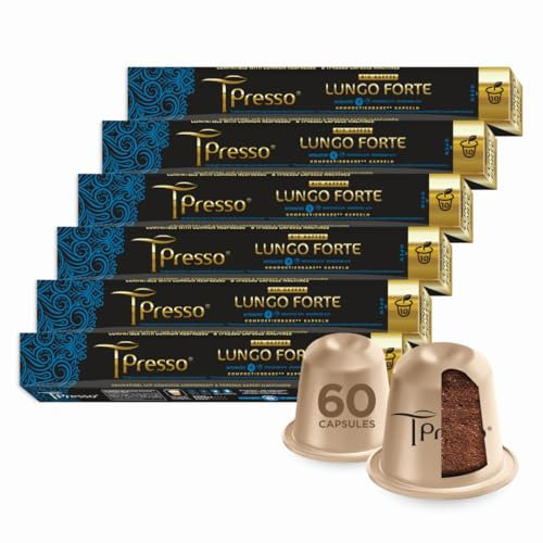 Tpresso® Lot de 60 capsules de café bio LUNGO FORTE de qualité supérieure, compatibles avec les machines à capsules Nespresso®³, fabriquées en Suisse