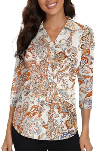 Soneven Bluse Damen Elegant Blusenshirt Damen mit V-Ausschnitt Poloshirt Langarm Golf Polo Business Oufit Hemdbluse Oberteil Gelber Vintage-Druck M