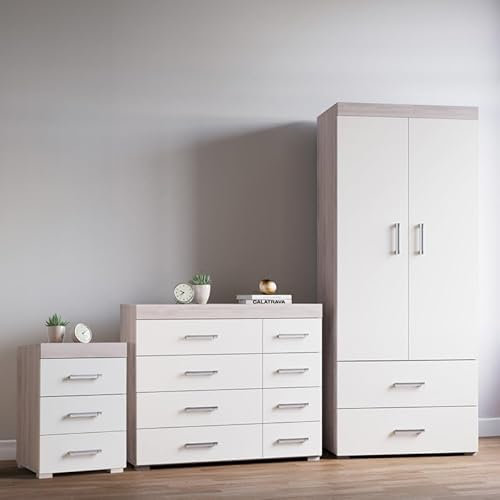 DRP Trading White & Grey Oak 3 Piece Bedroom Furniture Set, Complete Bedroom Ensemble, 3 Drawer Chest, 4+4 Drawer Chest, 2 Door Wardrobe, Ideal for Bedroom Organisation, Room Storage, Elegant Decor