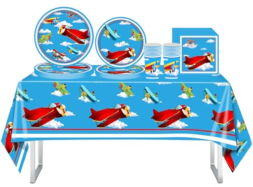 69Pcs Airplane Birthday Party Supplies,Aircraft Tableware Set,Plastic Tablecover,Paper Plates,Napkins and Cups Blue Sky Disposable Dinnerware Set for Kids Boys Girls Birthday Airplane Party Decoration