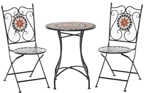 Outsunny Mobili da Giardino Set da 3 Pezzi con 2 Sedie Pieghevoli | 1 Tavolino a Mosaico, Metallo e Ceramica
