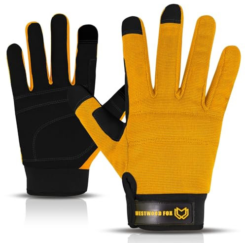 WESTWOOD FOX Safety Work Gloves Heavy Duty Gardening Gloves for Men Thorn Proof Padded Palm Protection Touch Screen Breathable Builder Mechanic Working Multi-Functional (Yellow, Large)