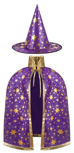 AYBUY Mantello da Strega con Cappello, Mantello da Strega di Halloween con Cappello Mago, Strega Mantelli per Bambini Viola Costume per Festa, Cosplay, Carnevale