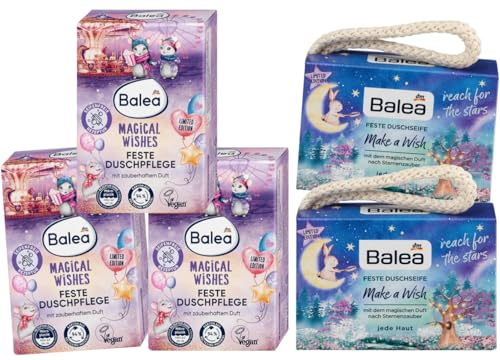 Balea 5er-Set Hautpflege: Festes Duschgel MAGICAL WISHES seifenfreie Rezeptur & zauberhafter Duft (3 x 100 g) + Feste Duschseife MAKE A WISH verwöhnt mit hochwertigem Traubenkernöl (2 x 100 g), 500 g