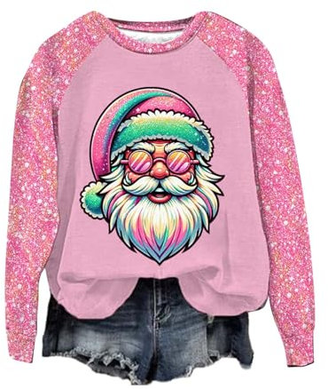 Damen Sportbekleidung Weihnachten Samt Warm Kostüm Langarm Sweatshirt mit Tasche Xmas Urlaub Leichtes Shirt Party Kostüm, rose, XL