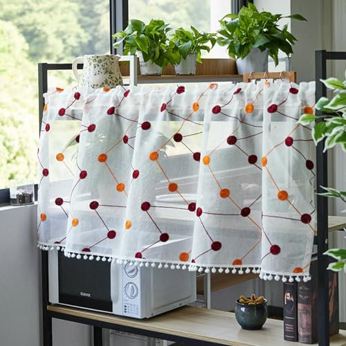 Skcess 1PCS Gardinen Küche Weiß, Polyester Sheer Vorhang Stickmuster Punkte Gardinen Kurz 180X60CM