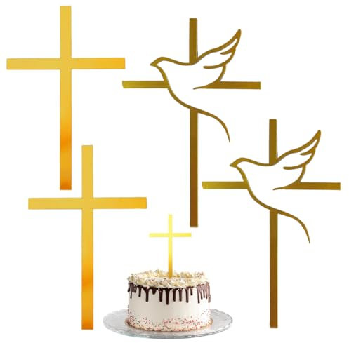 NOPKESV 4 Stück Kreuz Tortendeko Acryl Cake Topper Taufe Firmung Deko Torten Konfirmation Tortendeko Kommunion Tortendeko Hochzeit Babyparty (Gold)