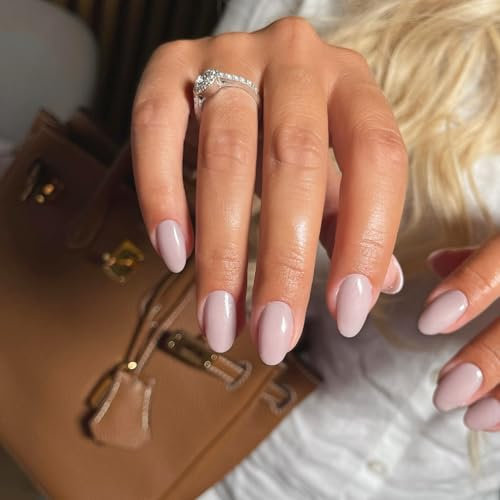 SXVME Dusty Pink Press On Nails Short Oval, Simple False Nails Press Ons Cute, Pink Fake Nails Short Almond, Natural Solid Color Glossy Gel Full Cover Acrylic Nails For Women Daily Wear