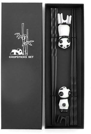 Lot de 2 paires de baguettes réutilisables, avec 2 supports de baguettes panda, en céramique, passent au lave-vaisselle, baguettes antidérapantes de 24 cm, dans une boîte cadeau assortie