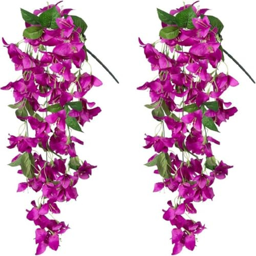 AQCQDQ 2PCS Künstliche Bougainvillea Hängend, Kunstblumen Hängend Wie Echt Bougainvillea Pflanze Blumenranken, Kunstpflanze Seidenblumen Hängeblumen Hibiskusblüten für Garten Hochzeit (Fuchsia)