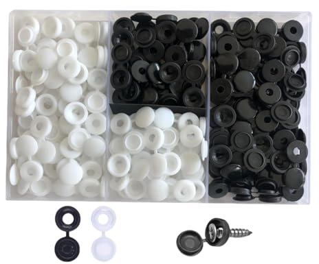 100 Pcs White and Black Screw Cover Caps, Plastic Hinged Screw Covers for Furniture, Cabinet, 0.34 inch Plastic Hinged Screw Covers, Snap on Replacement Screw Decorative Covers for M3-M4 Screws
