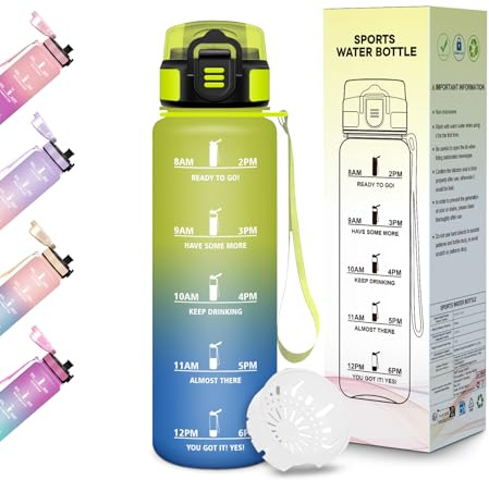Trinkflasche, 500ML BPA-Frei, Wasserflasche, Auslaufsicheres Schlossdesign, Gym Flasche, Flasche mit zeitmarkierung, Trinkflasche Kinder Auslaufsicher für Schule, Yoga, Läuft, Camping - Gelb&Blau