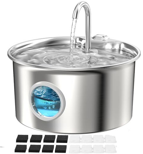 Katzenbrunnen Edelstahl Trinkbrunnen Katze: 2.6L Katzen Wasserbrunnen Leise mit Wasserstandsfenster - Automatic Katzen Brunnen Metall mit Led Licht - Angebot 8 Aktivkohlefilter Filter + 8 Sponges