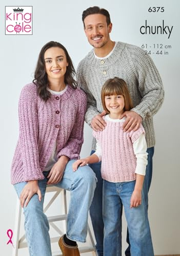 King Cole 6375 Knitting Pattern Chunky Knit Ladies Mens Kids Sweater, Cardigan & Top