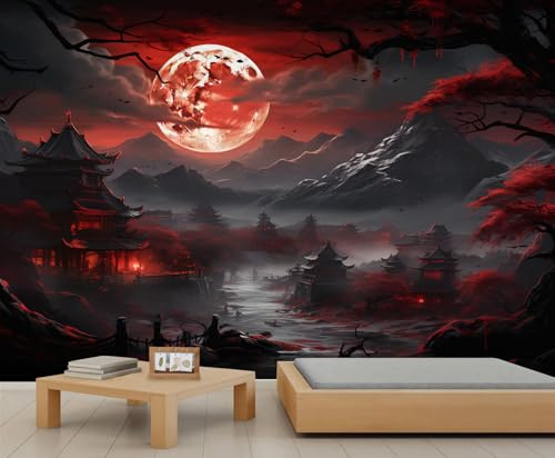 Dark Landscape Wallpapers Red Moon Sky Wallpaper Murals for Walls Traditional Oriental Architecture Girls Wallpaper Tree Mountain River Living Room Wall Paper for Bedroom Art 400X280cm