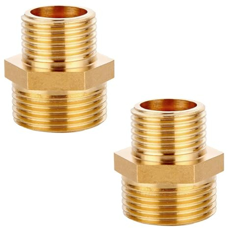 QZKJQDD 2 Pcs 1/2 Male to 3/8 Male BSP, Thread Brass Hex Nipple Connector, Hex Nipple Pipe Fittings, Thread Brass Reducer, Thread Connector for Pipe Connecting Conversion
