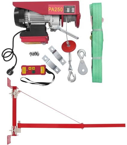 Elektrische Seilwinde 125kg bis 250kg Hubhöhe 12m,550W Seilzug Elektrisch mit Kabelloser Fernbedienung und Stützarm,Seilhebezug mit Not-Ausschalter,Hebezeuge Kettenzug (117cm Stützarm)