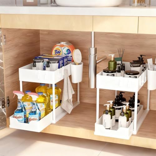 Under Sink Organizer 2-Tier Sliding Storage Rack – Adjustable Shelf Unit for Kitchen, Bathroom, Cupboard, Cleaning Supplies, Toiletries, Spices, Under Cabinet Storage Solution