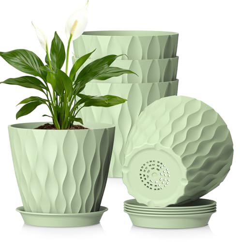 WSMKSZ 17.6cm Blumentöpfe Innen Außen, 5er Set Kunststoff Pflanztöpfe | Pflanzentopf mit Untersetzer & Abflusslöchern, 3D-Wellentextur, Übertopf für Einblatt, Efeutute, Grün