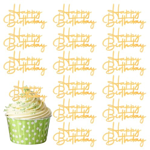 Amabro 15Pcs Mirror Acrylic Happy Birthday Cake Toppers Gold Cupcake Topper | Personalised Cupcake Inserts Toppers Side Sign Decorations for Birthday Party Desserts Pastries