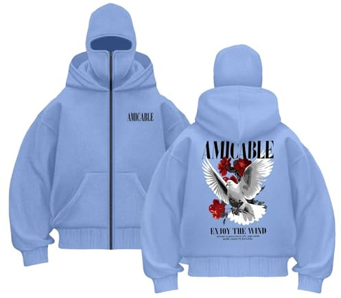 Balaclava Hoodie Herren Damen Ninja Kapuzenpullover mit Sturmhaube Oversized Mask Jacke mit Full Zip Doppel Kapuze Y2K Hoodie Winddichte Übergangsjacke Balaclava Reißverschluss Kapuzenpullover
