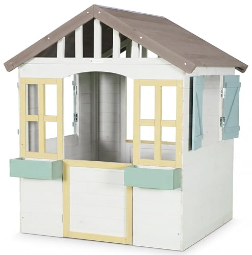 WONDERMAKE® Design Kinder Spielhaus Holz mit 2 Pflanzkästen und magn. Tür + Fenster, Kinderspielhaus ab 3 Jahre Garten Outdoor draußen wetterfest klein hoch, Gartenhaus 115x101x130 cm, weiß grau bunt