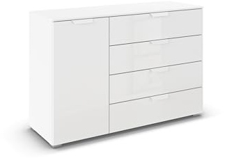 Rauch Möbel ADITIO, Kommode, Farbe Glas Weiß, Breite 120 cm | Sideboard im modernen Look, 1-türig, 4 Schubladen, Glasfront, Soft-Close, für Schlafzimmer, Gästezimmer, Wohnzimmer, Flur