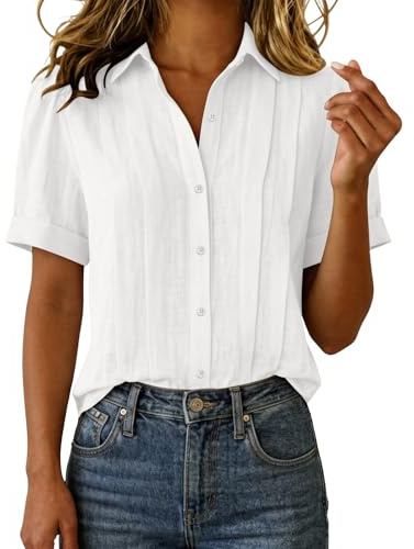 Linen Blouses for Women Short Sleeve Button Down Lapel Collar T-Shirt Ladies Plain Casual Loose Pleated Top Solid Cotton Linen Elegant Shirts Spring Summer Outfits