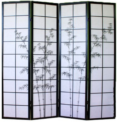 PEGANE Paravent Japonais en Bois Noir Dessin Bambou de 4 pans