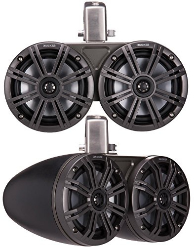 Kicker KMTC65 (165mm) Loaded Marine Dual Cans with 45KM654L speaker pairs; charcoal grill on black can
