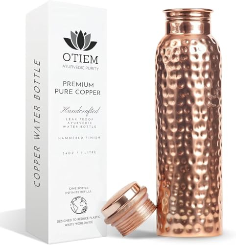 Otiem Wasserflasche aus 100 % Kupfer für Trinkwasser, gehämmerte Oberfläche, bleiben Sie hydratisiert und genießen Sie ayurvedische Vorteile, auslaufsicher, Temperaturerhaltung, umweltfreundliches
