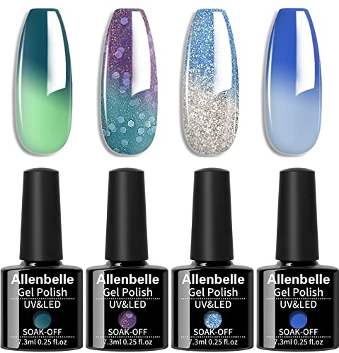 Allenbelle UV Nagellack Thermo Set 4 Farben Mit Geschenkbox,Gel Nagellack Farbwechsel Shellac Set Uv Gel Nail Art,Soak Off Uv Thermo Nagellac