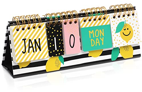 Paper Junkie Lemon Ewiger Flip-Kalender für Büro-Desktop, Klassenzimmerbedarf, Schreibtischkalender mit Tag-, Datums- und Monatsanzeige für Planung, Zuhause, Küche Dekor (20,3 x 8,9 cm)