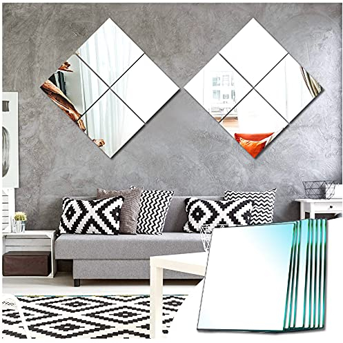 Sqinor Specchio Adesivo Quadrato Specchi Decorativi da Parete Decorazioni Parete per Armadio Palestra Ingresso Soggiorno (Macinatura Normale, 20.5x20.5cm, 8 Pezzi)