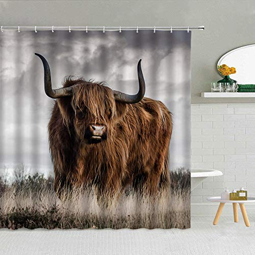 Waschbarer Duschvorhang Highland Cow 3D-Druck Wasserdichtes Tuch Wildlife Badezimmer Vorhänge Tier Badewanne Dekor Mit Haken,180X180Cm