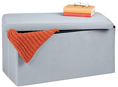 Relaxdays Sitzbank mit Stauraum, Samt, 80 L, Flur, Wohnzimmer, gepolstert, faltbar, Truhenbank, 38x77x39 cm, hellgrau