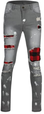 Pantalones vaqueros para hombre Daños ajustados ajustados de mezclilla para niños, pantalones elásticos casuales de pintura para salpicaduras, todos los tamaños de cintura (gris, L)