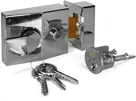 UK Security Supplies Standard Deadlocking Nightlatch, 60mm Backset, Polished Chrome Finish, Complete with Rim Cylinder Lock Supplied with 3 Keys. External Door Lock for Front Door and Back Door.