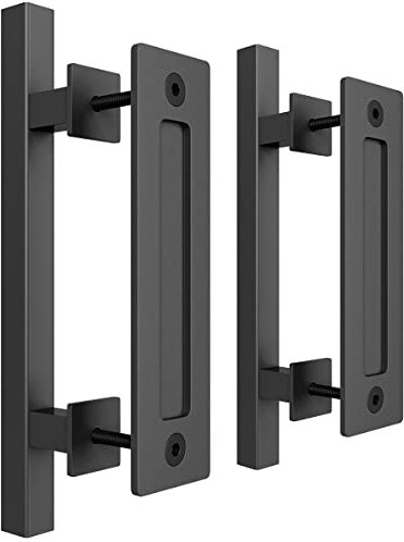SMARTSTANDARD 2 Pack Barn Door Handles Set, 12 Large Rustic Two-Side Design, Pull and Flush Sliding Door Handle for Gates Garages Sheds Furniture, Black, Square