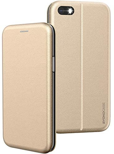 BYONDCASE iPhone SE 2016 Hülle Gold, iPhone 5s Hülle, iPhone 5 Handyhülle [Deluxe Leder Flip-Case Klapphülle] Fullbody 360 Grad Rundumschutz kompatibel mit dem iPhone 5s / 5 / SE2016
