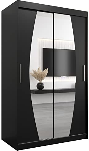 MEBLE KRYSPOL Elypse 120 Schlafzimmerschrank mit Zwei Schiebetüren, Spiegel, Kleiderstange und Regalen – 120x200x62cm - Mattschwarz