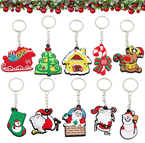 COLOFALLA 30 Stück Weihnachten Schlüsselanhänger Mitgebsel Weihnachten Mitbringsel 3D Anhänger Weihnachtsdeko 10 Mustern Weihnachtsmann Schneemann Rentier Geschenke