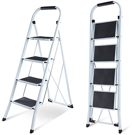 EPROSMIN 4 Step Ladder – Folding Step Ladder, Portable With Anti-Slip Mat & Comfortable Soft Handgrip, Heavy Duty Steel Step Ladder - Easy to Store Step Ladders, 150KG Max Capacity