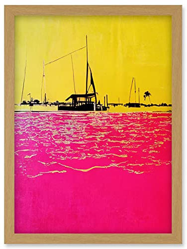 Wee Blue Coo Modern Abstract Seaside Port With Colour Blocking Yellow and Hot Pink Artwork Framed Wall Art Print A4