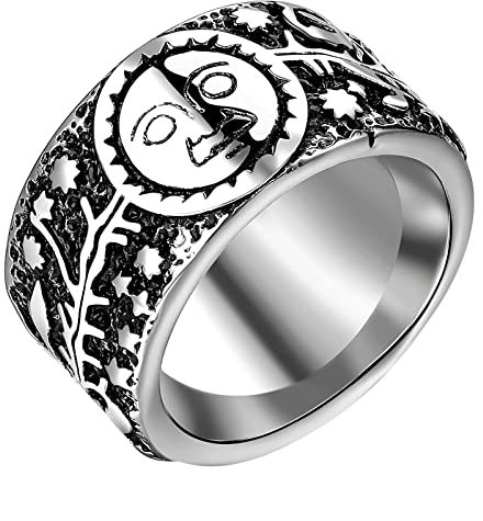 Bulckrew Vintage Herren-Ring Edelstahl Sonne Lächelndes Gesicht Blumen Ring Punk Bandring Silber, Größe 57