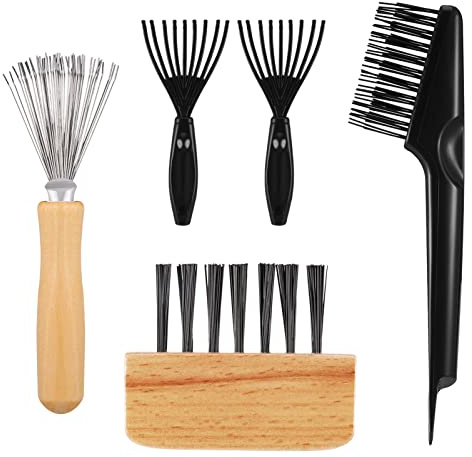 Opopark 5 Piece Hair Brush Cleaner Tool Set, Metal Wire Rake Wooden Handle Hair Brush Cleaner, Double-Sided Brush Cleaner and Comb Cleaning Brush for Home and Salon Use